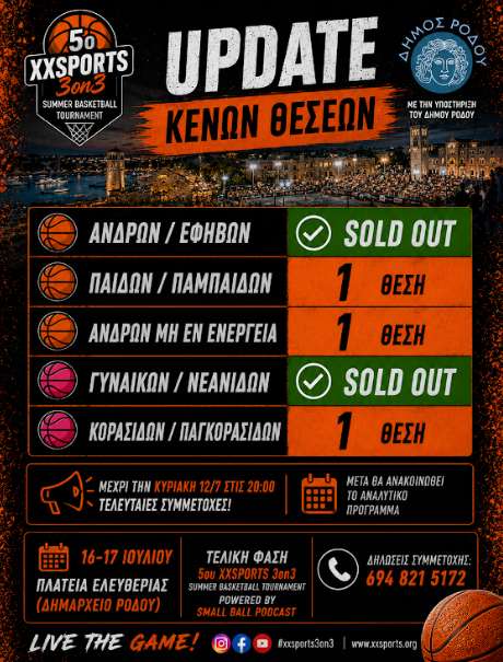 Η τελική φάση του 5ου XXSPORTS 3on3 Summer Basketball Tournament πλησιάζει και οι τελευταίες διαθέσιμες θέσεις συμπληρώνονται!